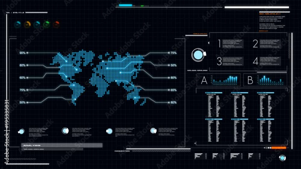 Poster ui user interface dark blue background with world map graph bar pi and hud element for cyber technol