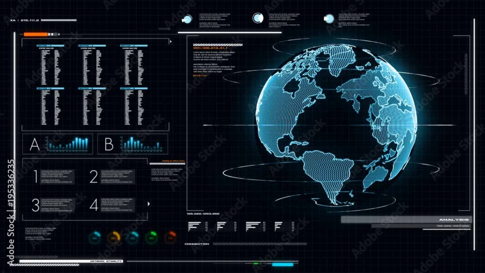 Poster ui user interface dark blue background with world map graph bar pi and hud element for cyber technol