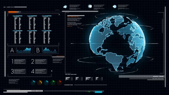 UI User Interface Dark blue background with world map graph bar pi and HUD element for cyber technology and futuristic concept dark and grain processed
