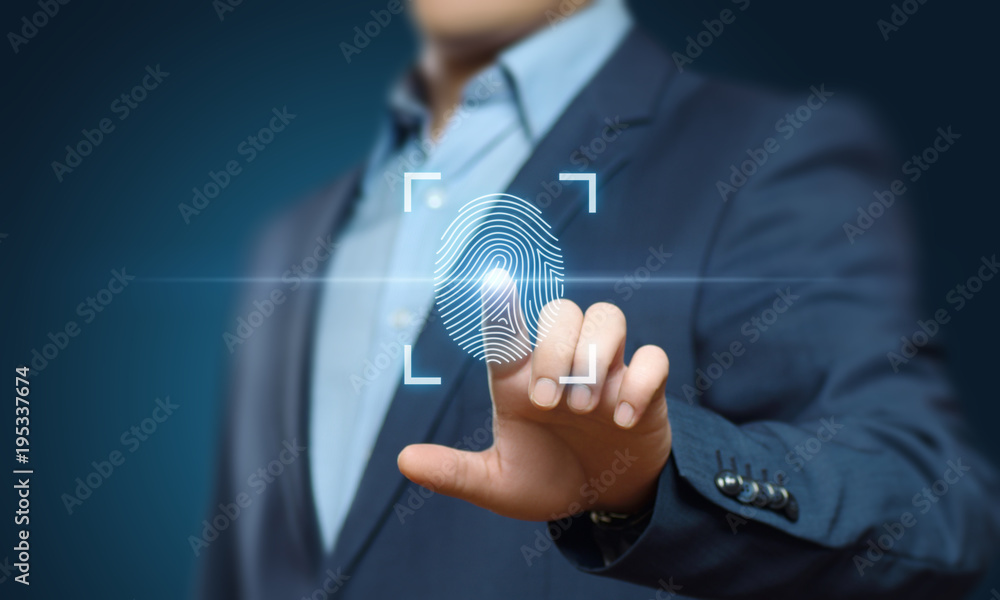Poster fingerprint scan provides security access with biometrics identification. business technology safety