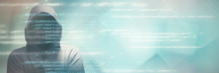 Composite image of hacker standing with arms crossed 