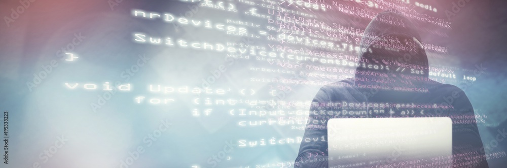 Poster composite image of hacker wearing black hood while using laptop