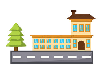 street with big house and trees icon over whtie background, colorful design. vector illustration