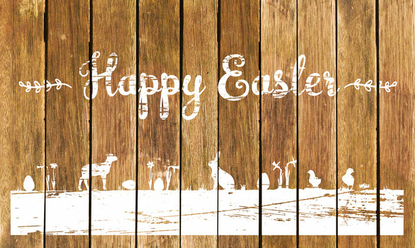 Holzwand mit der Aufschrift Happy Easter