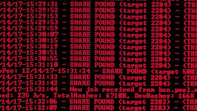 Mining Cryptocurrency process program on display PC. Using Software. Share Found.