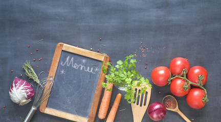 Food ingredients,vegetables, kitchen utensils and blackboard for menu, free copy space, flat lay