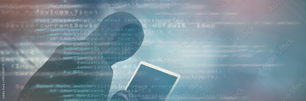 Poster composite image of hacker using laptop