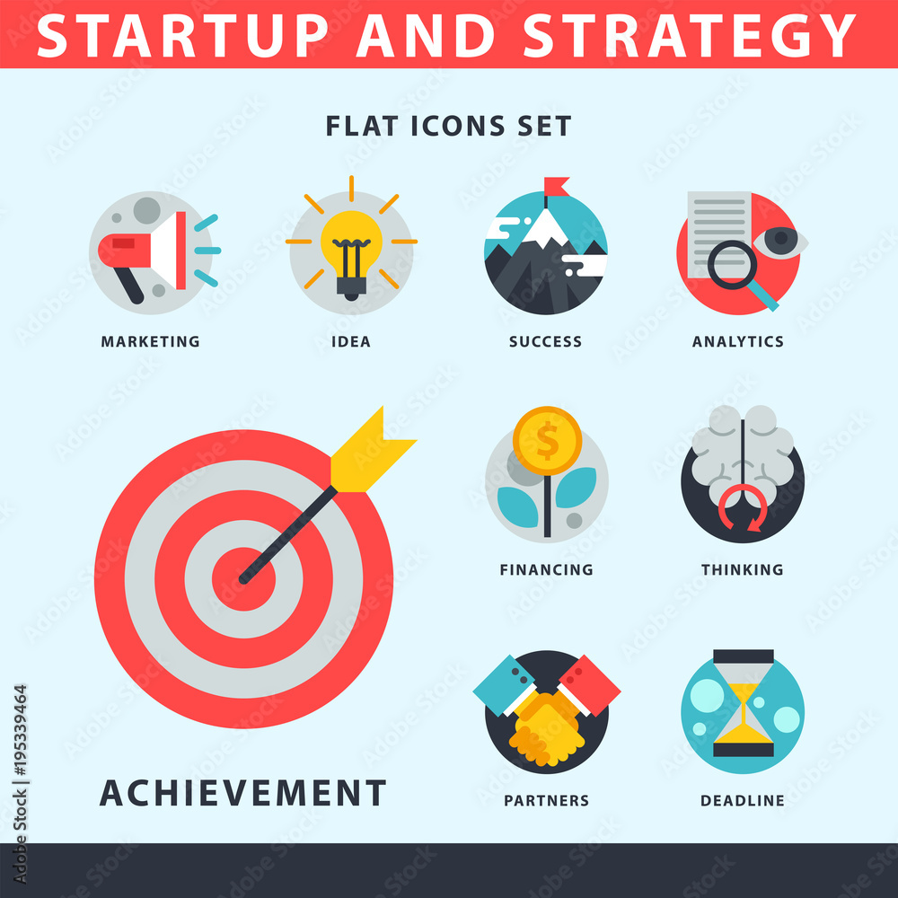 Aufkleber startup and strategy web busines icon set for websites ui management finance start up vector illustr