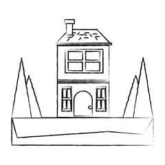 sketch of two floors house with trees around over white background vector illustration