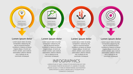Modern vector illustration 3d. Template circle infographics with four elements and arrows. Designed for business, presentations, web design, diagrams with 4 steps, options, parts or processes