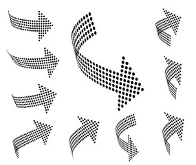 Set of vector arrow icons. Dotted halftone graphic effect.