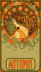 Autumn girl, floral banner in art nouveau style, vector illustration