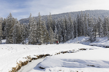 Two hikers walk along a stream on a sunny winter day in Switzerland