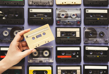 Vintage audio cassettes blue background
