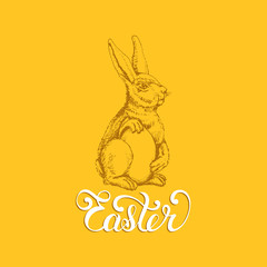 Hand lettering Easter in vector.Drawn illustration of paschal egg and Bunny for holiday poster, greeting card etc.