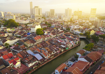 Aerial view of Malacca city during sunrise. - obrazy, fototapety, plakaty