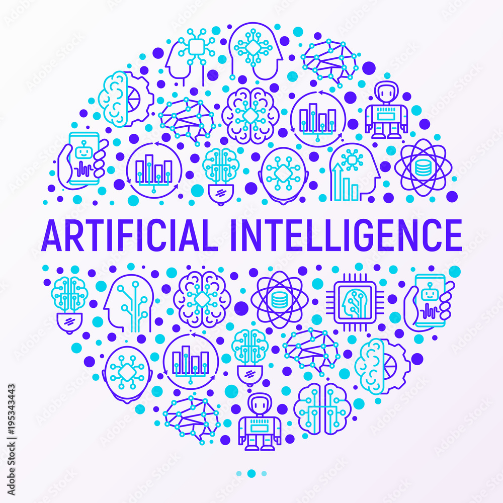 Poster artificial intelligence concept in circle with thin line icons: robot, brain, machine learning, mark