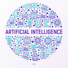 Artificial intelligence concept in circle with thin line icons: robot, brain, machine learning, marketing analytics, cpu, chip, voice assistant. Modern vector illustration for banner, print media.