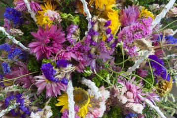 Floral arrangement, outdoor ornament, tropical flowers multi color.