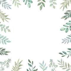 Hand drawn watercolor illustration. Botanical frame of green branches, leaves and flowers. Hello Spring. Floral Design elements. Perfect for invitations, greeting cards, prints, packing etc