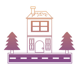 Two floors house with pine trees and the street  over white background colorful design vector illustration