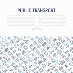 Obraz premium Public transport concept with thin line icons: train, bus, taxi, ship, ferry, trolleybus, tram, car sharing. Front and side view. Modern vector illustration for banner, web page, print media.