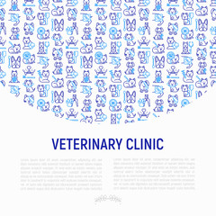 Fototapeta na wymiar Veterinary clinic concept with thin line icons: broken leg, protective collar, injection, cardiology, cleaning of ears, teeth, shearing claws, bandage on eye, blood transfusion. Vector illustration.
