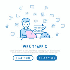 Fototapeta na wymiar Web analyst monitors web traffic speed and sales growth concept with thin line icons. Modern vector illustration, web page template.