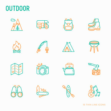 Outdoor thin line icons set: mountains, backpack, uncle boots, kettle, axe, map, swiss knife, canoe, camera, fishing rod, binoculars. Modern vector illustration.