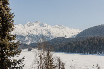 St. Moritz, St Moritzersee, Piz Languard, Schafberg, Alpen, Winter, Wintersport, Oberengadin, Graubünden, Schweiz