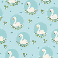 White swan with forget-me-nots seamless pattern