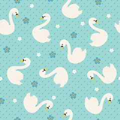 Cotton fabric White swan with forget-me-nots seamless pattern