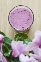almond milk, berries, cyclamen, drink, flower, food, fruits, glass, healthy eating, lilac, pink, pink smoothie, purple, smoothies, wooden background