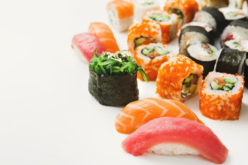 Set of sushi rolls, maki on white background