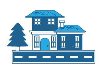 Two floors house with pine trees and the street  over white background, blue shading design. vector illustration