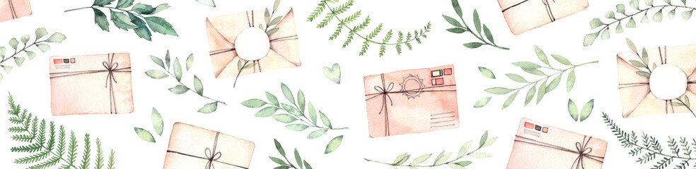 Hand drawn watercolor banner. Background with Parcels, green branches and herbs. Floral Design elements. Perfect for websites, cards, posters, packing