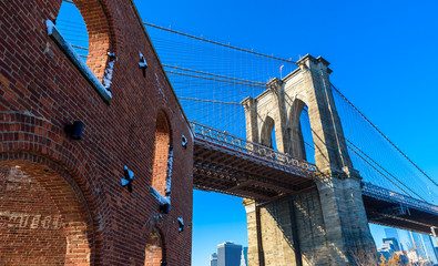 Lower Manhattan Downtown skyline panorama from Brooklyn Bridge Park riverbank, New York City, USA
