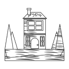 sketch of two floors house with trees around over white background vector illustration