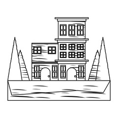 sketch of Residential houses surrounded by trees over white background, vector illustration