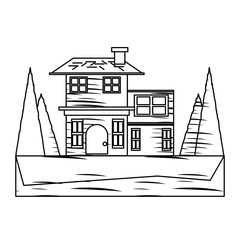sketch of two floors house with trees around over white background vector illustration