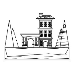 Obraz premium sketch of Residential houses surrounded by trees over white background, vector illustration