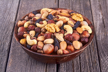mix nuts on wood background