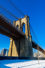 Lower Manhattan Downtown skyline panorama from Brooklyn Bridge Park riverbank, New York City, USA