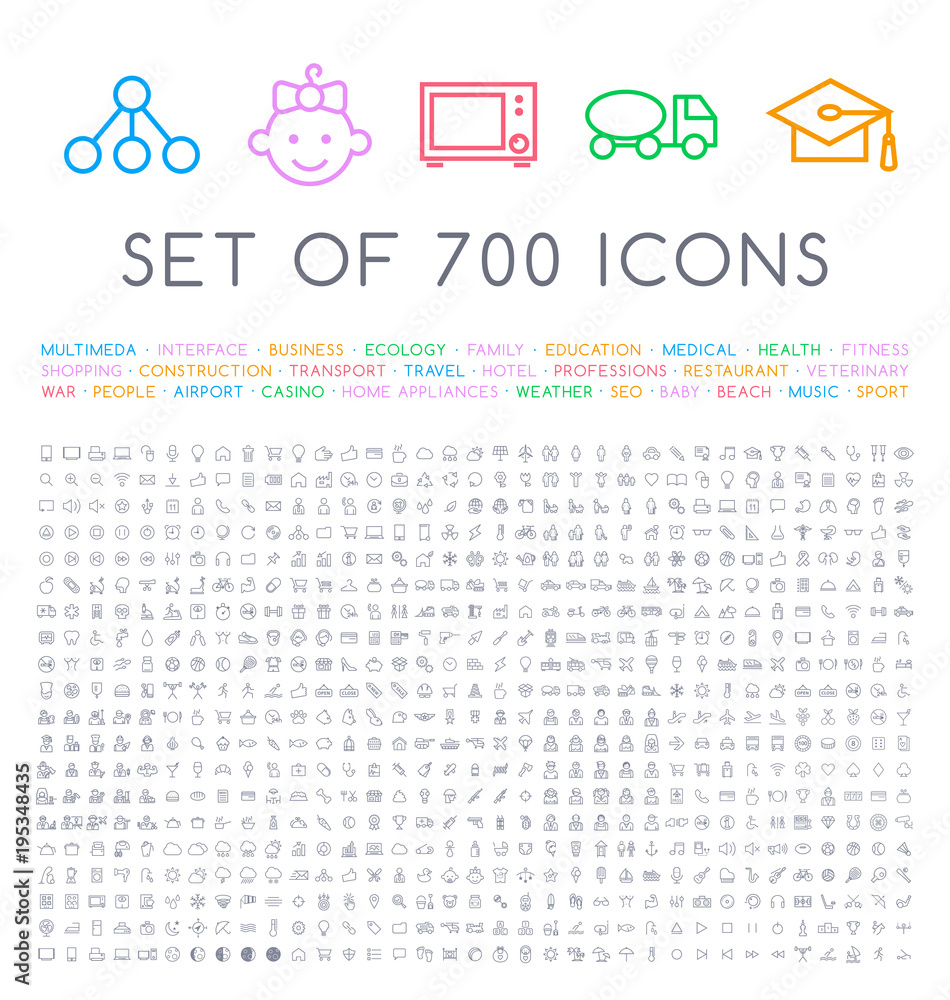 Aufkleber set of 700 minimal universal isolated modern elegant thin line icons on white background . isolated 
