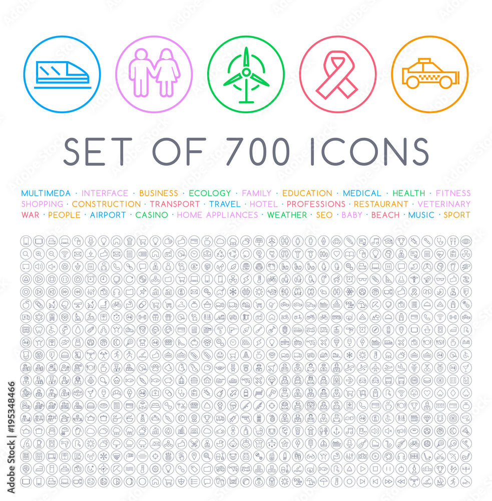 Poster set of 700 minimal universal isolated modern elegant thin line icons on circular buttons on white ba