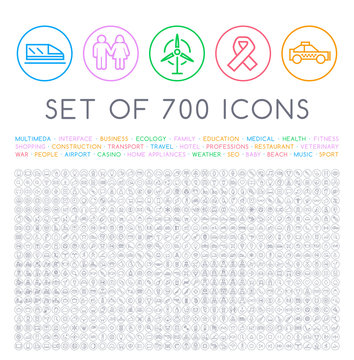Set of 700 Minimal Universal Isolated Modern Elegant Thin Line Icons on Circular Buttons on White Background . Isolated Vector Elements