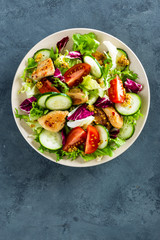 Fresh vegetable salad of tomatoes, cucumbers, italian mix, lettuce and grilled chicken breast