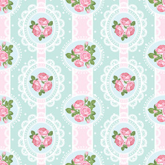 Shabby chic rose seamless pattern on polka dot background