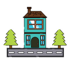 Two floors house with pine trees and the street  over white background colorful design vector illustration