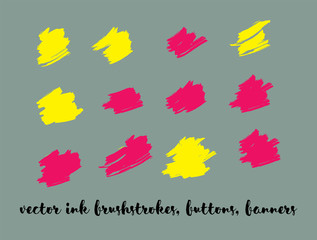 Ink Paint Vector Painted Backgrounds. Bright Colored Brushstrokes, Nice Textures Set. Artistic Colorful Button Collection. Grunge Dirty Vector Painted Backgrounds. Paintbrush Smeared Borders.